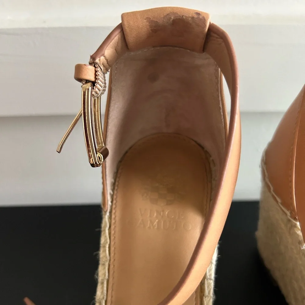 Vince Camuto Camel Leather Espadrille Wedge Heels Sandals - Picture 3 of 9
